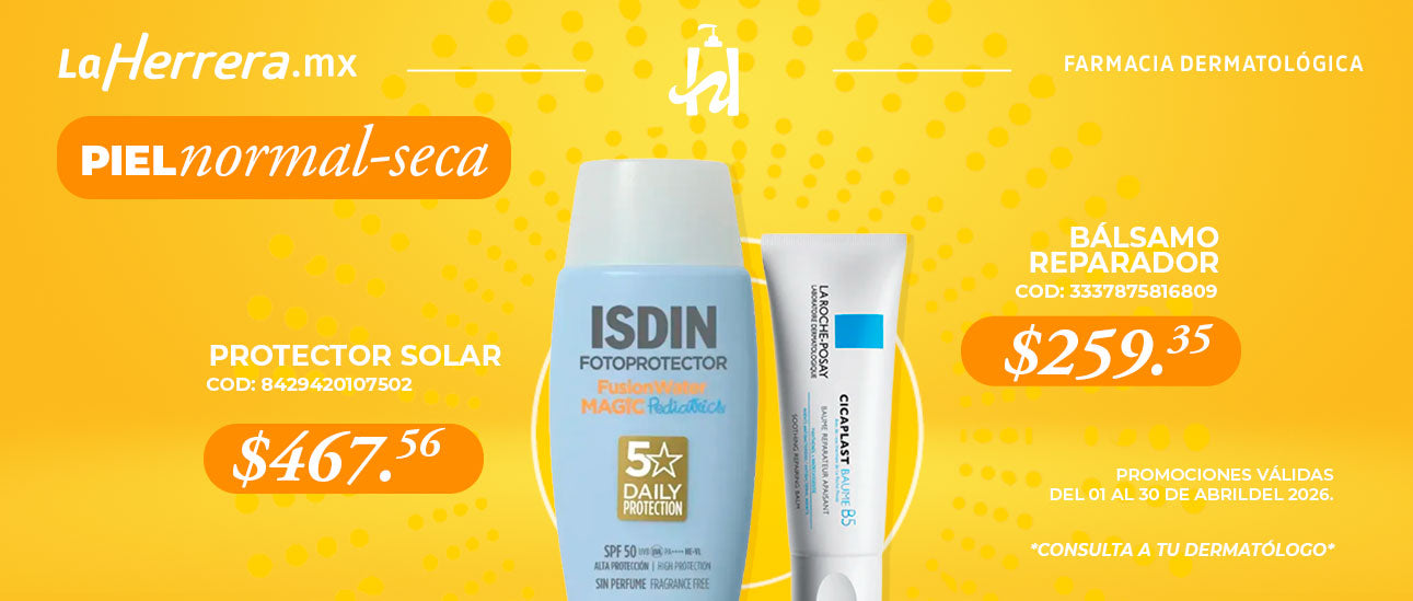 Piel normal-seca, promoción protector solar $467.56 y Bálsamo reparador $259.35